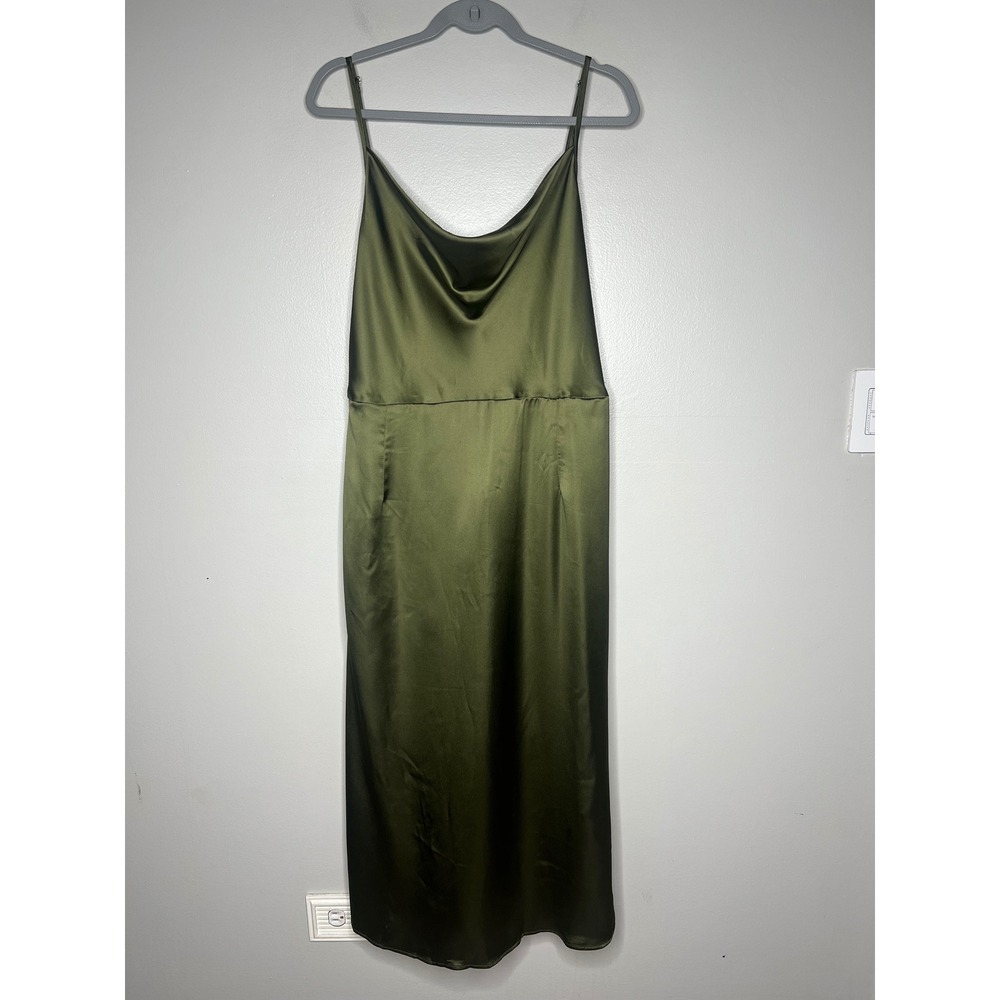 Cider Olive Green Satin Cowl Neck Midi Dress Lace Up Corset Back Women's 2XL